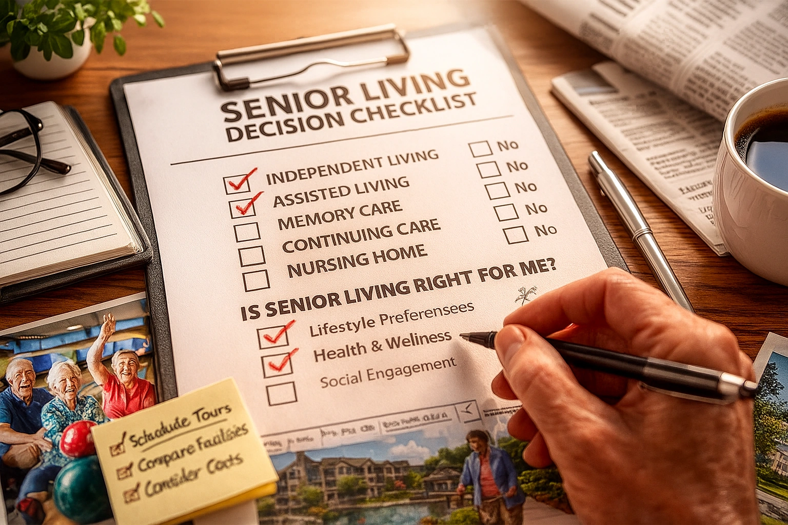 A person's hand checking off items on a senior living decision checklist, symbolizing a thoughtful choice. independent vs assisted living