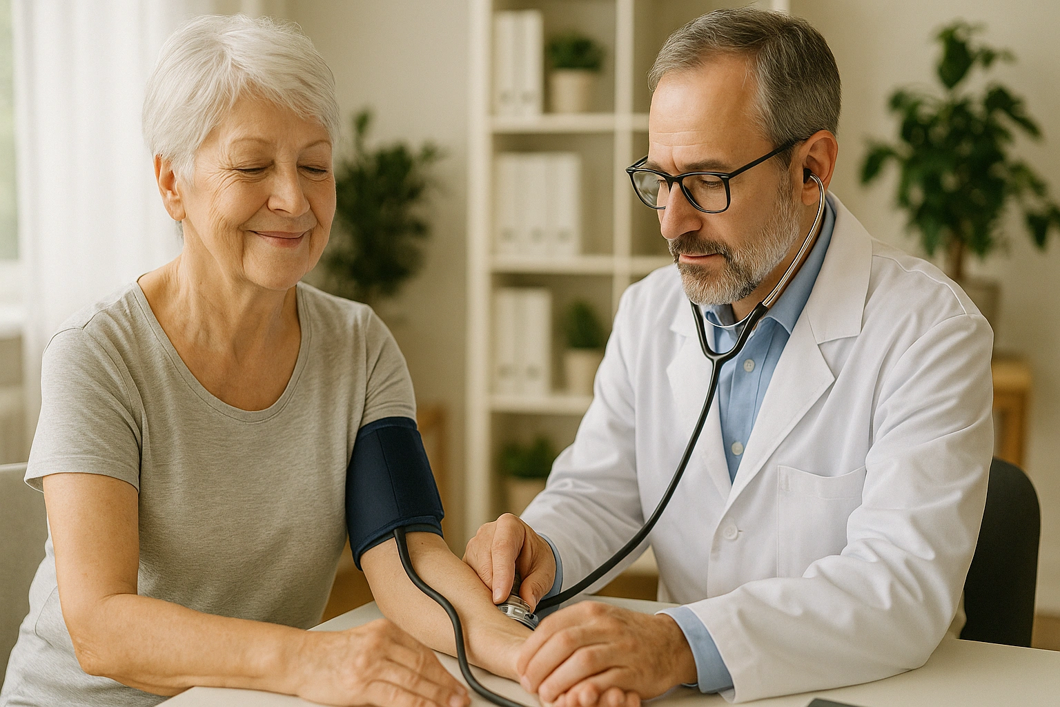 A senior citizen calmly getting their blood pressure checked by a doctor, a key senior health prevention tip.