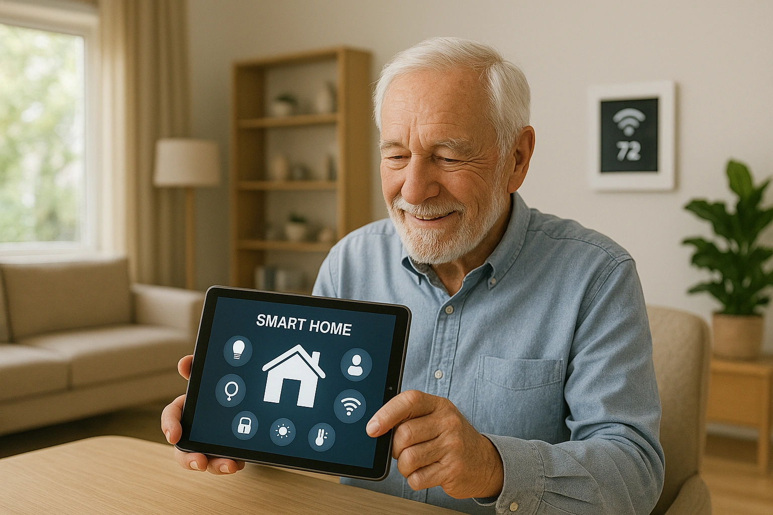 A senior comfortably using a tablet to control their smart home, a key retirement living trend for 2025.