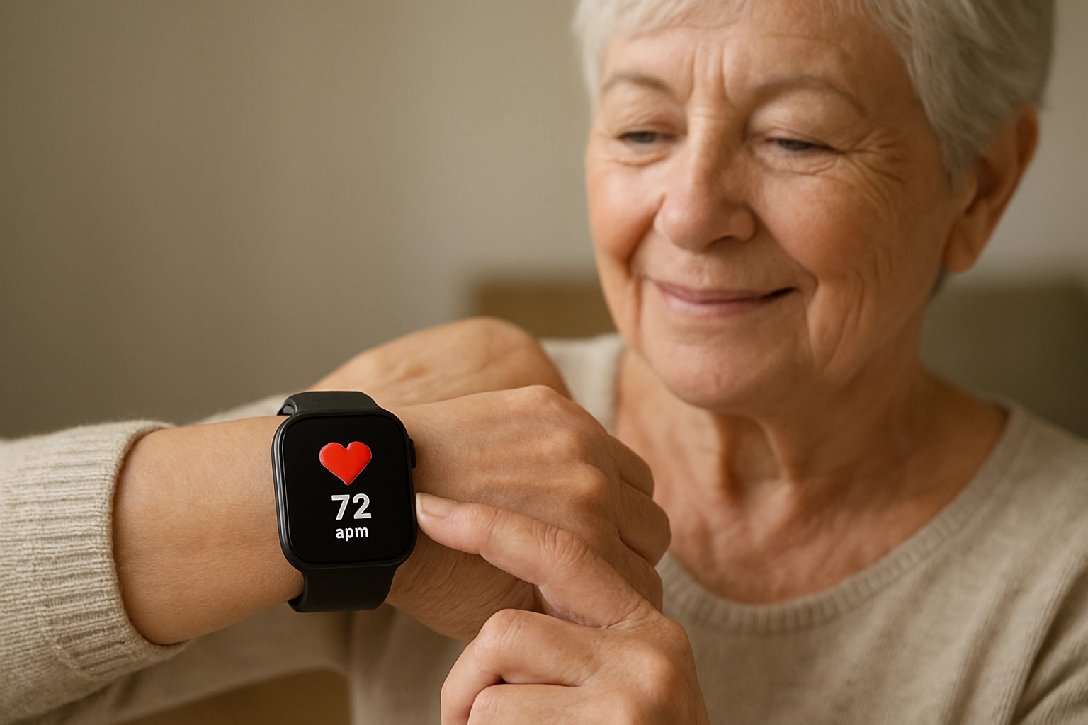 A senior confidently using a smartwatch to check their heart rate, illustrating the use of health monitoring devices.