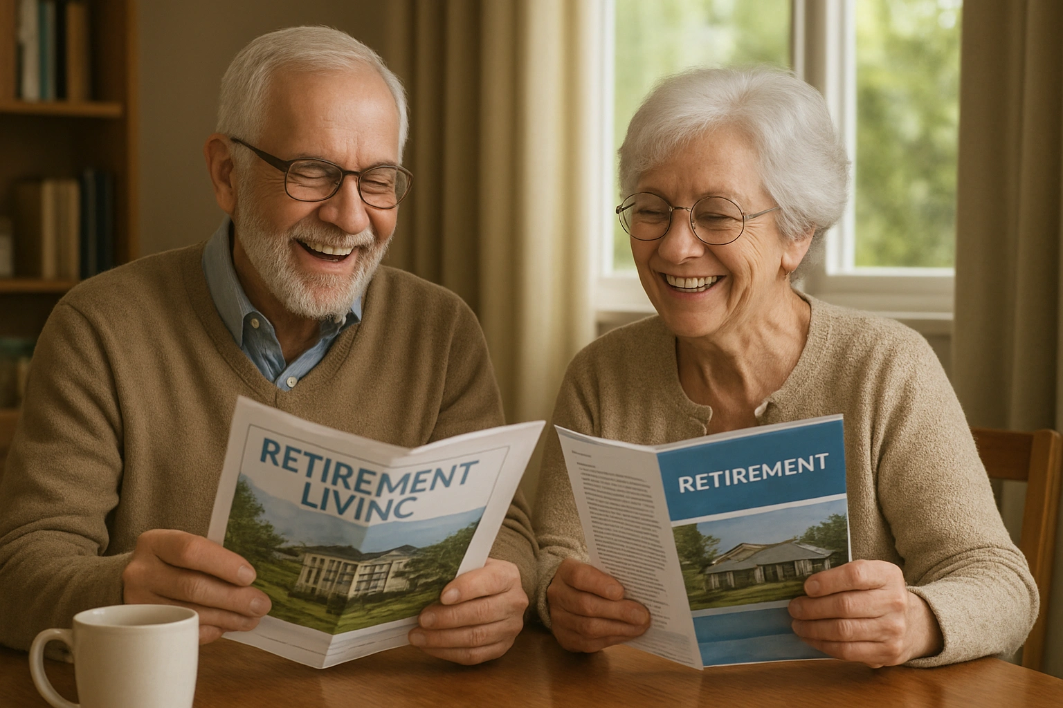 A senior couple sitting at a table together, smiling and reviewing brochures for retirement living options.