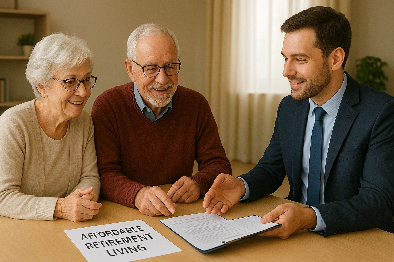 A senior couple sitting with a financial advisor, reviewing documents for affordable retirement living.