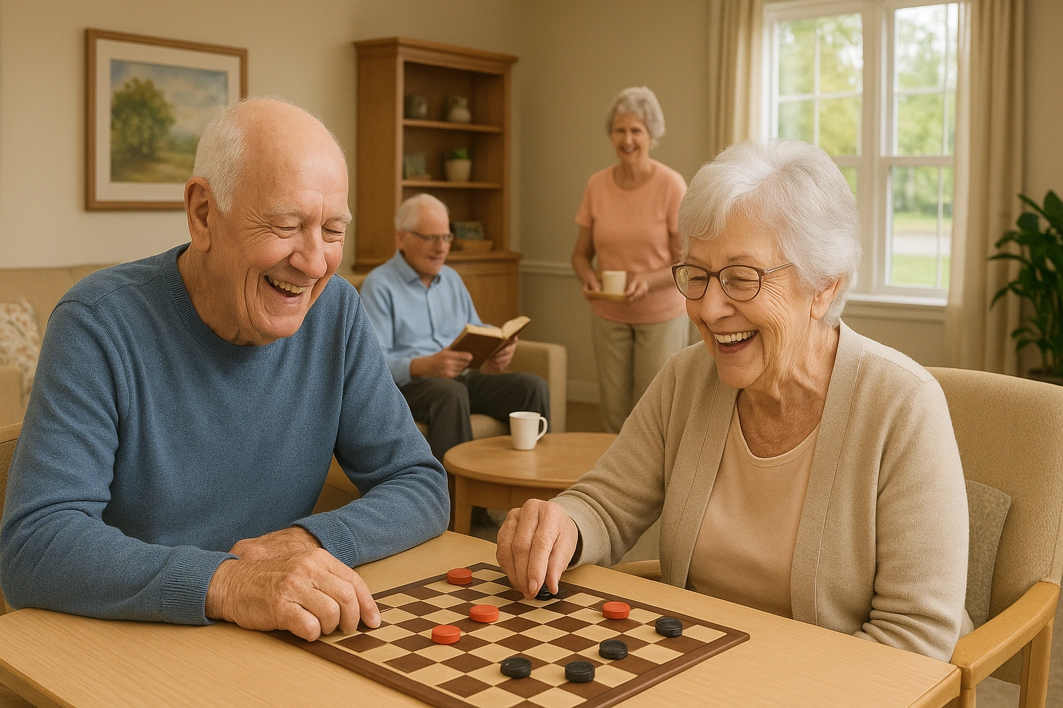 A senior living community illustrating affordable retirement living, with seniors engaging in social activities in a safe, comfortable, and budget-friendly environment.