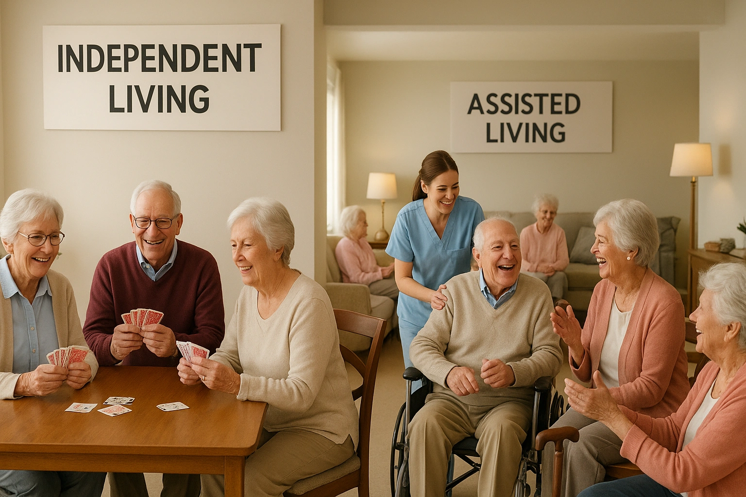 A senior living community showing both independent and assisted living areas, with seniors enjoying social activities, illustrating the choice between independent vs assisted living