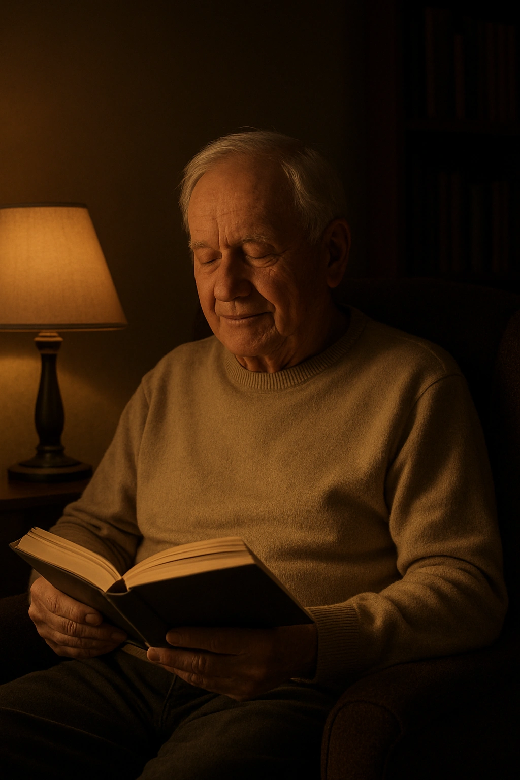 A senior reading a book in a dimly lit, cozy room, demonstrating a positive sleep tip for seniors.