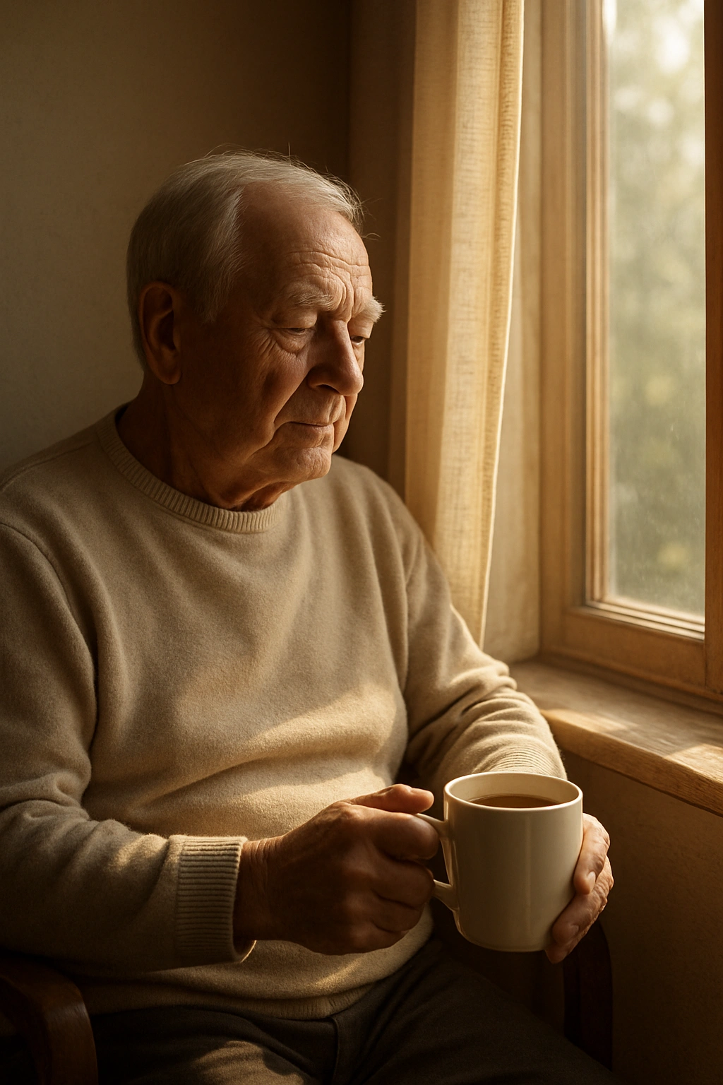 A senior sitting by a window in the morning with a cup of tea, absorbing natural sunlight sleep tips for seniors.