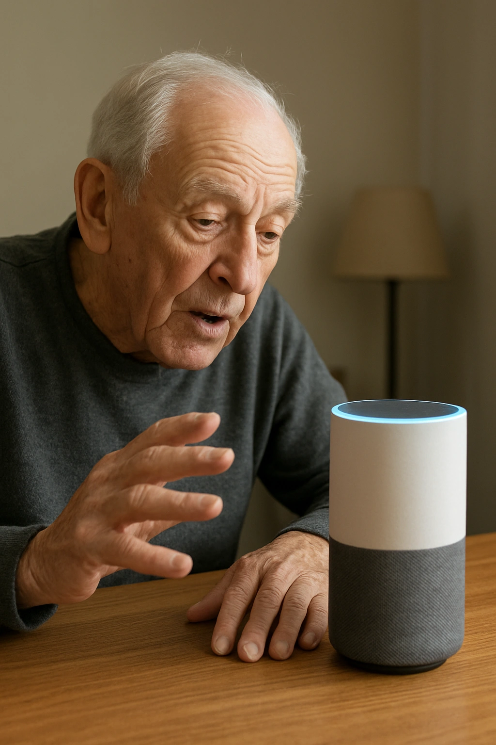 A senior speaking to a smart speaker, a foundational smart home device for seniors.
