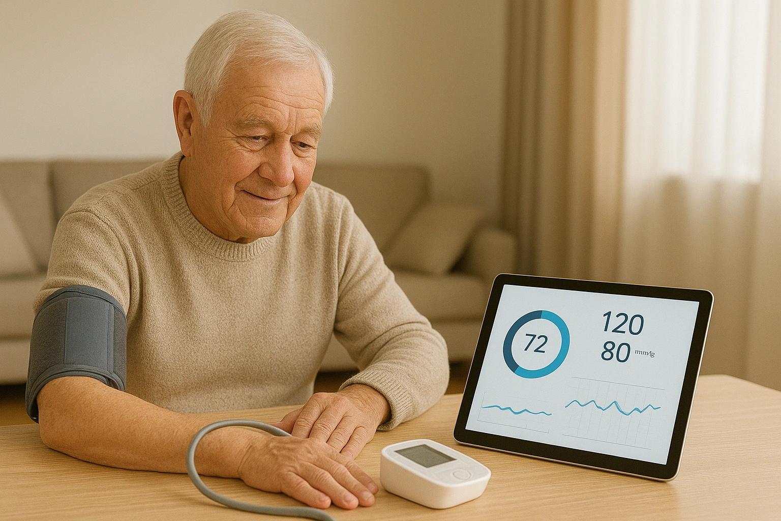 A senior using a smart blood pressure cuff that syncs with a tablet, illustrating remote patient monitoring telehealth senior care.