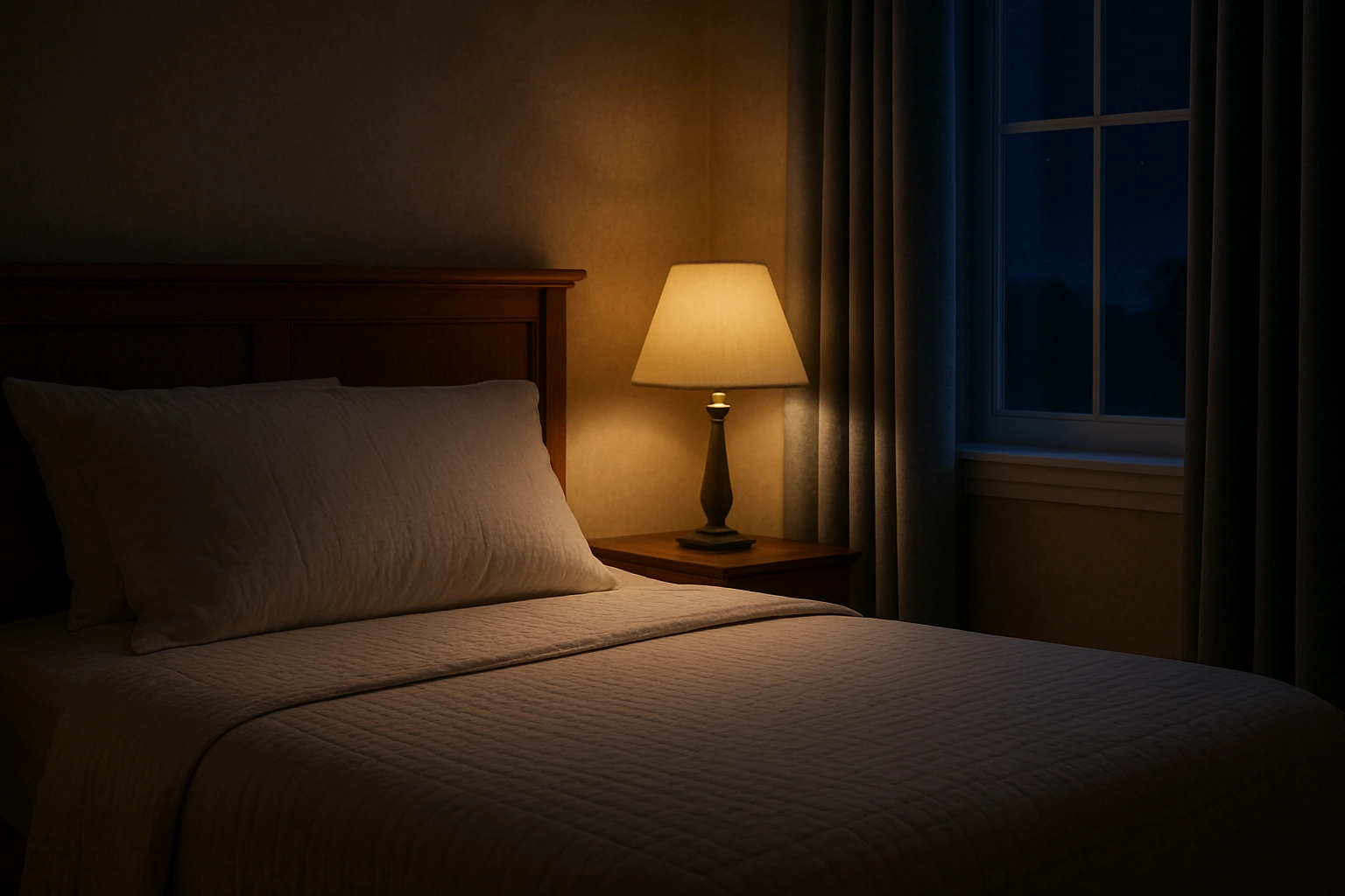 A serene and comfortable bedroom setting at night, symbolizing peaceful sleep for seniors.