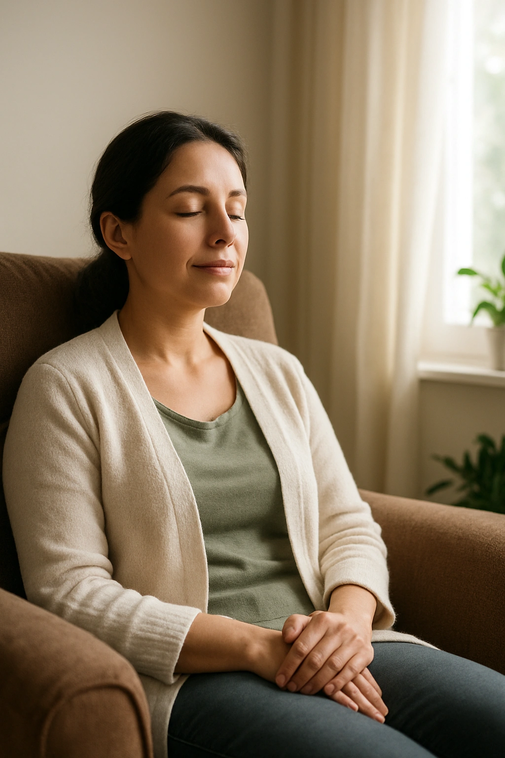 A serene image of a caregiver taking a peaceful moment for themselves, symbolizing the goal to prevent caregiver burnout.