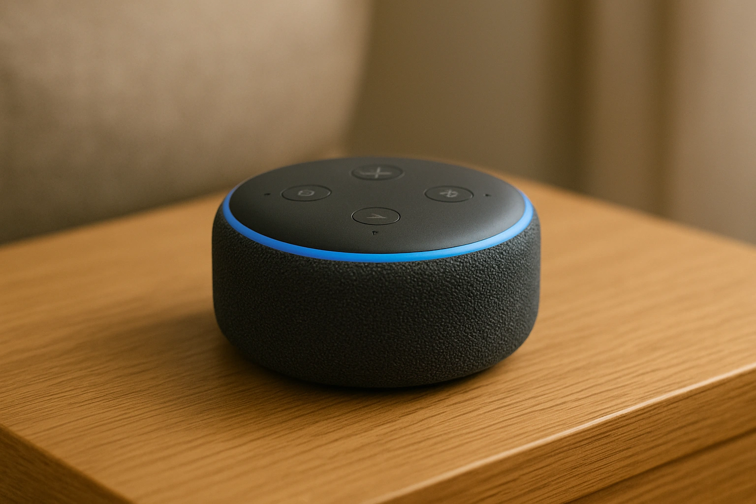 A small, affordable smart speaker like an Echo Dot on a side table, a key piece of affordable aging technology.