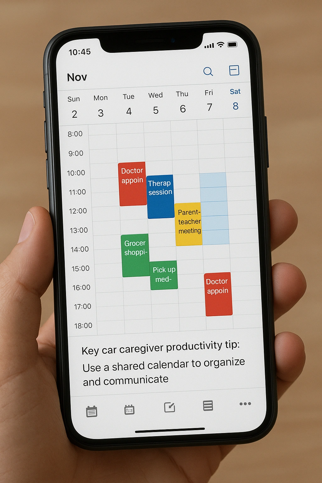 A smartphone screen showing a shared digital calendar, a key caregiver productivity tip.