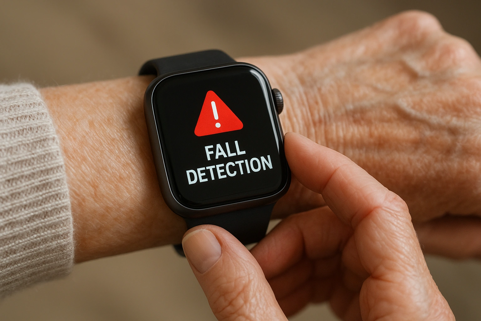 A smartwatch on a senior's wrist with an alert icon, illustrating fall detection, a key feature of senior care tech.
