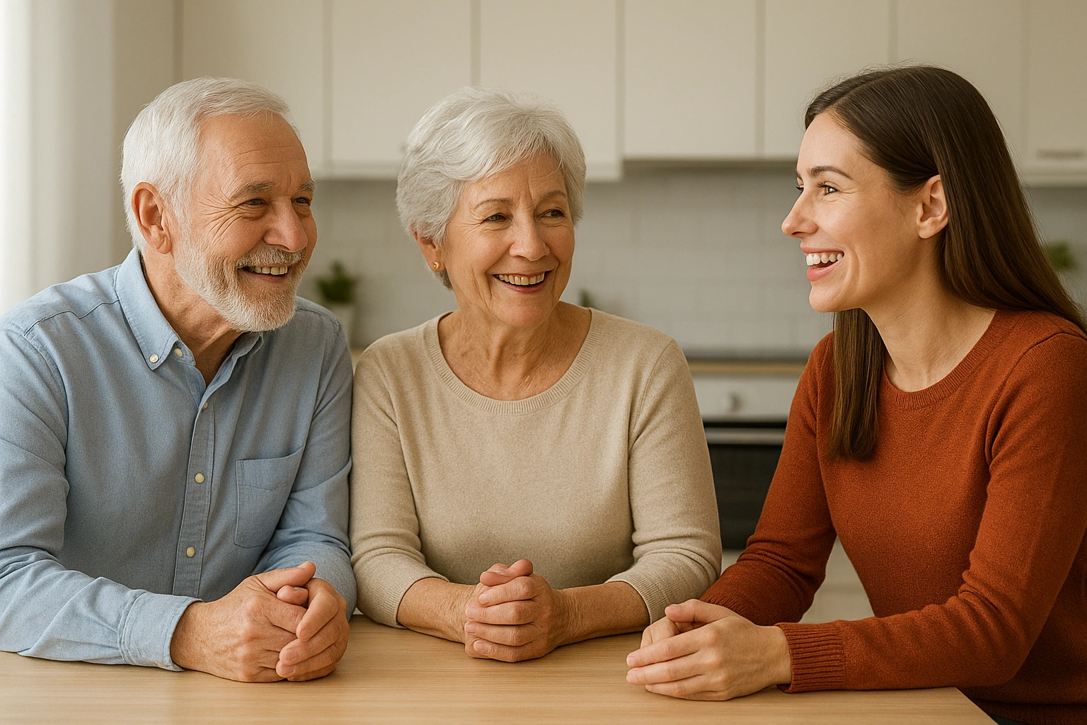 A smiling senior couple having a pleasant conversation with their adult daughter at a kitchen table.