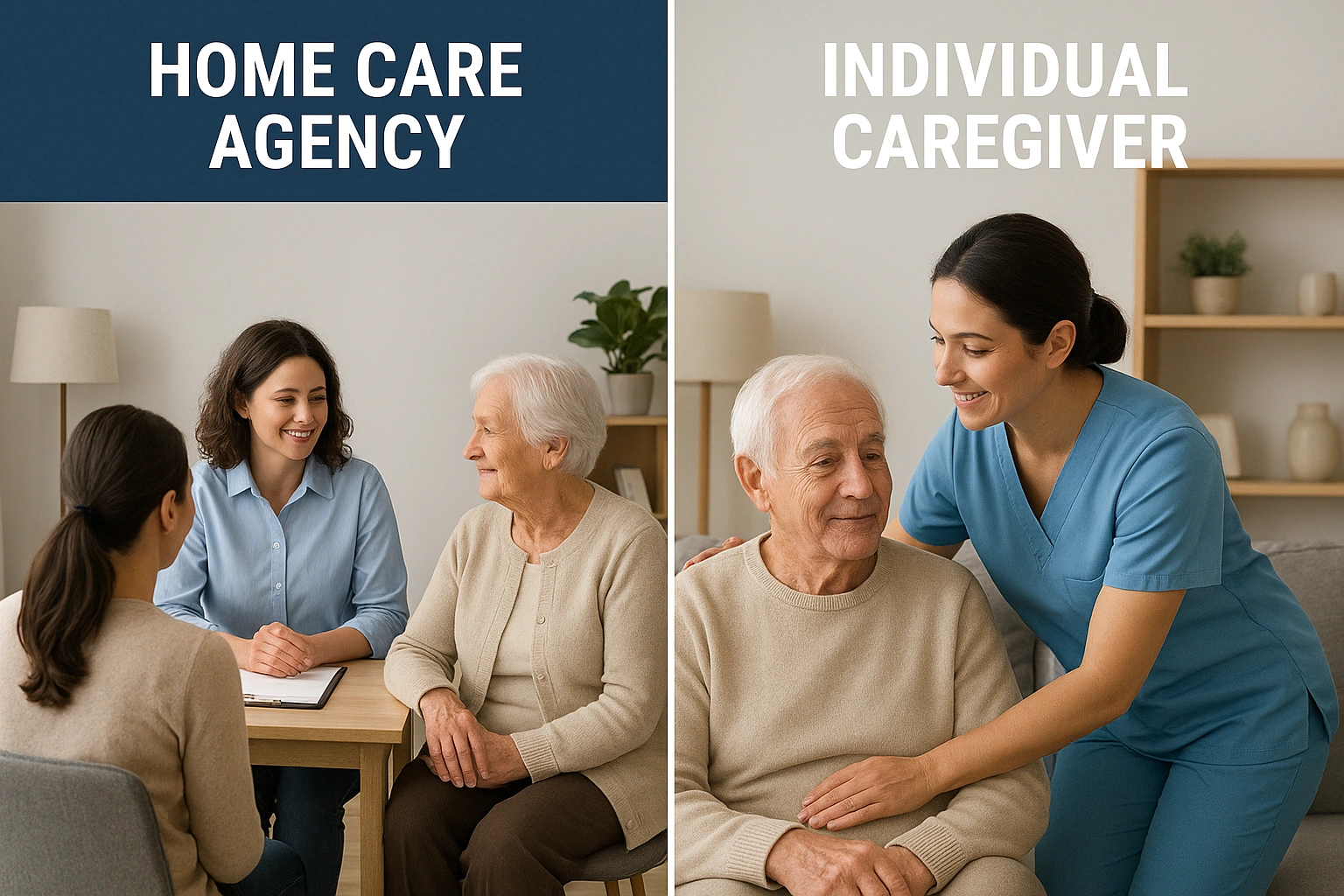 A split image comparing a professional home care agency office with an individual caregiver elderly home care provider.