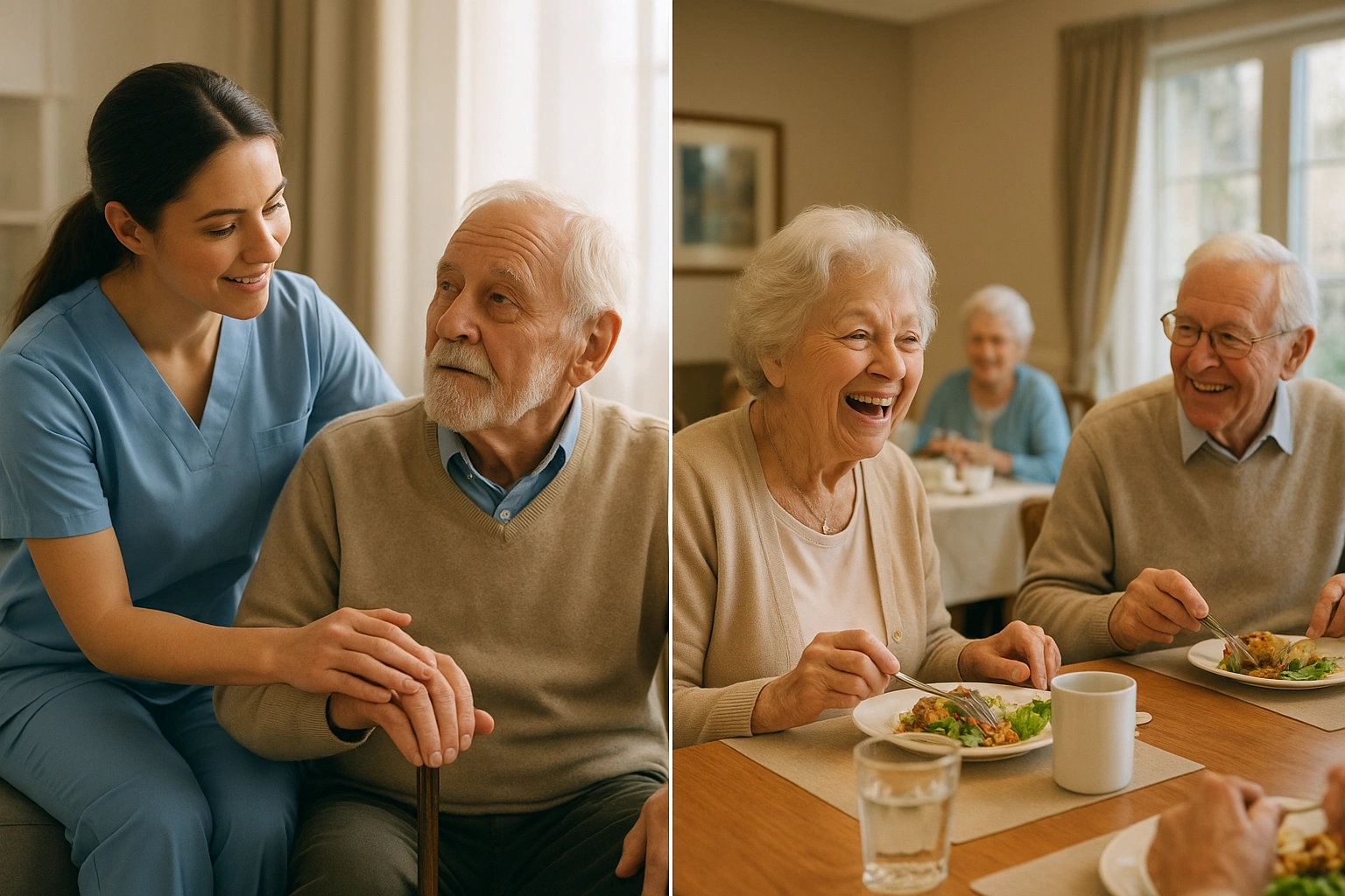 A split image showing a caregiver helping a senior at home and another image of seniors dining in an assisted living community.
