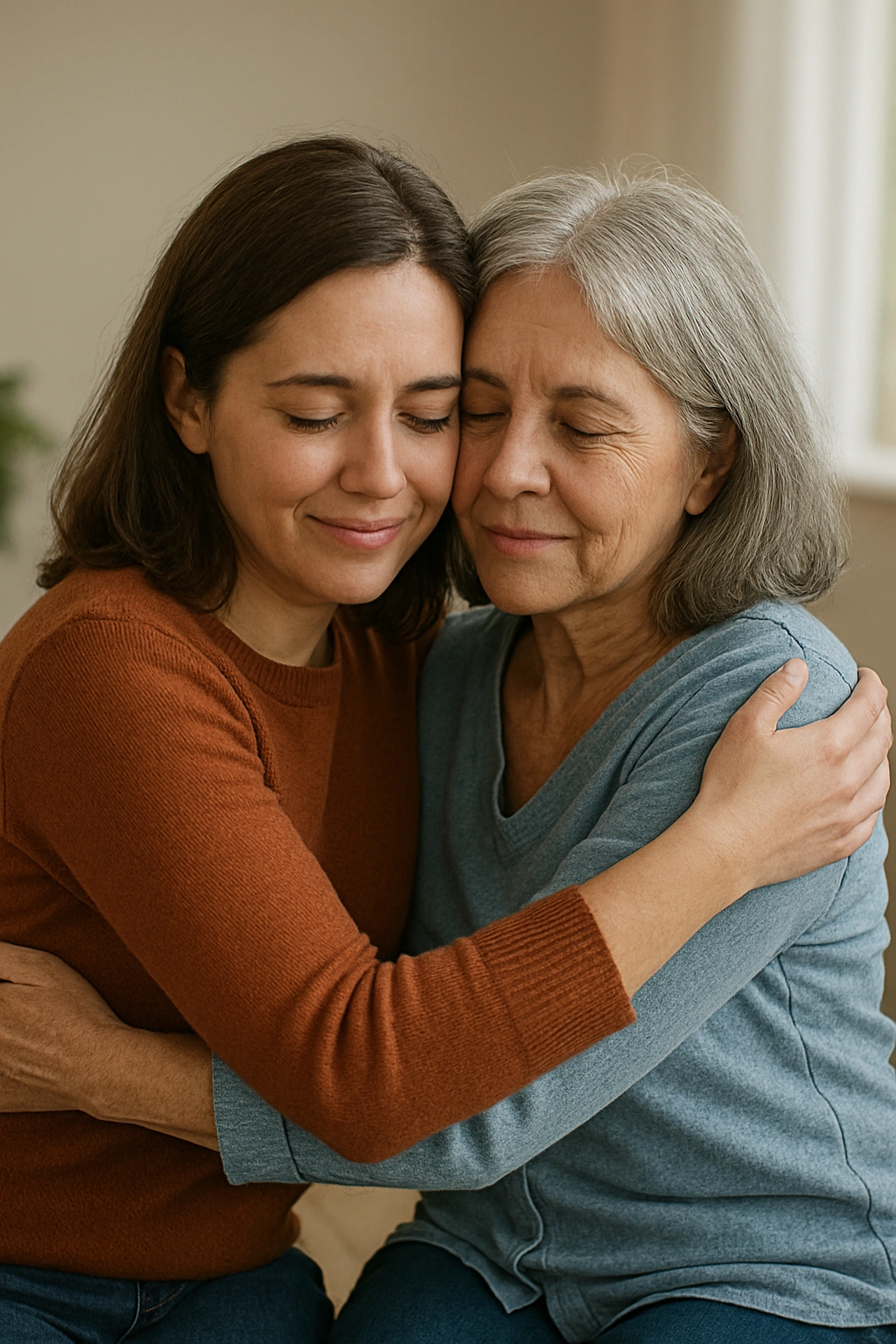A supportive image showing a family caregiver receiving a comforting hug, illustrating caregiver support.