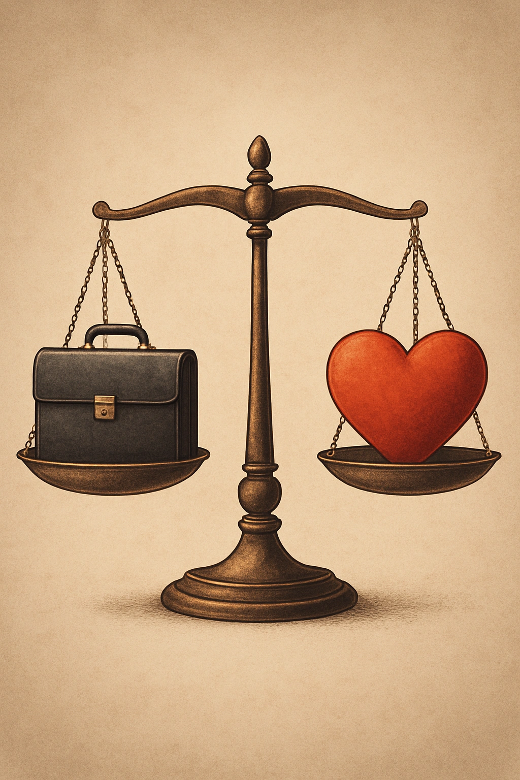 A symbolic image of scales balancing a briefcase on one side and a heart on the other, representing work-life balance for caregivers.