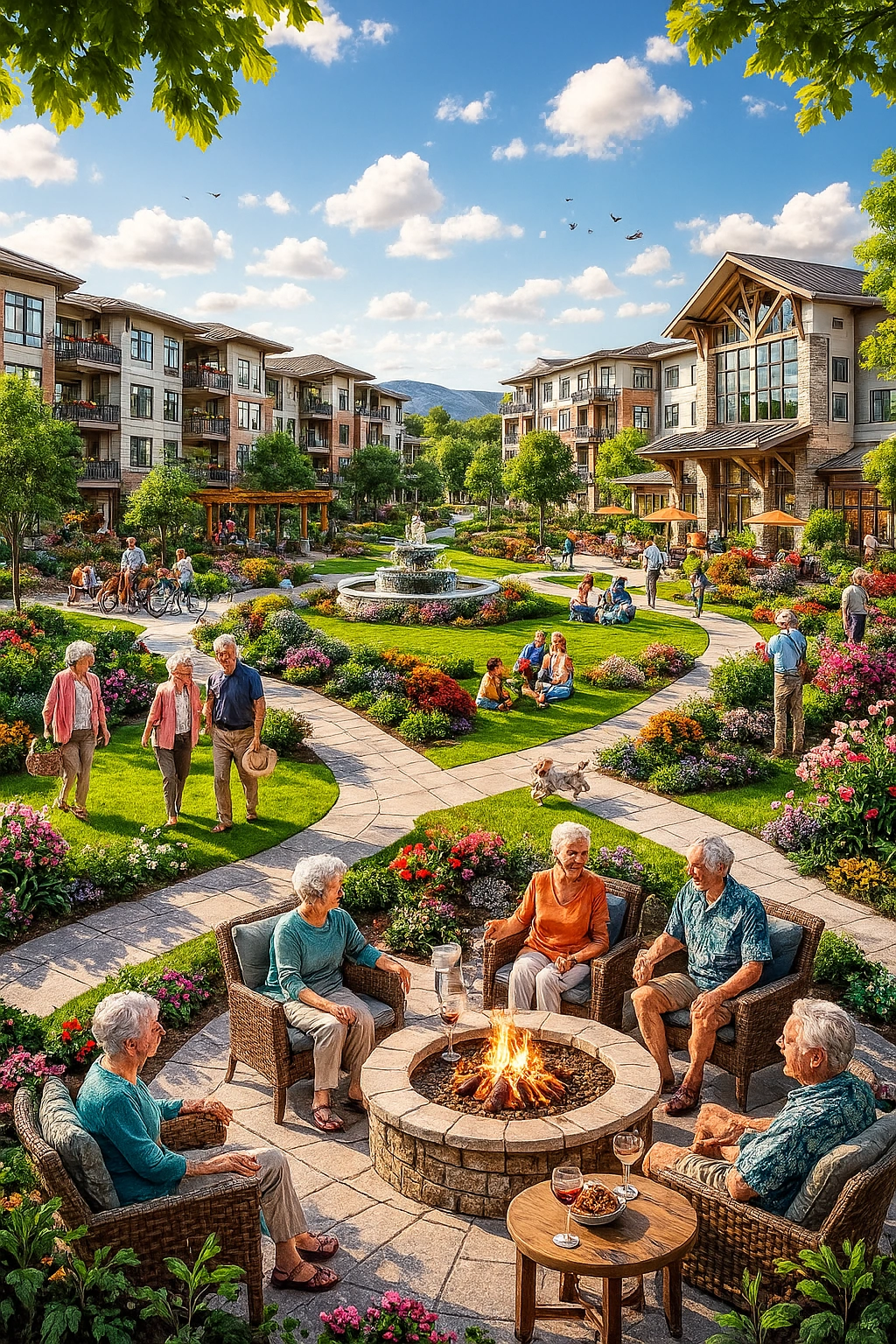 A vibrant and modern retirement community with seniors enjoying the outdoors.