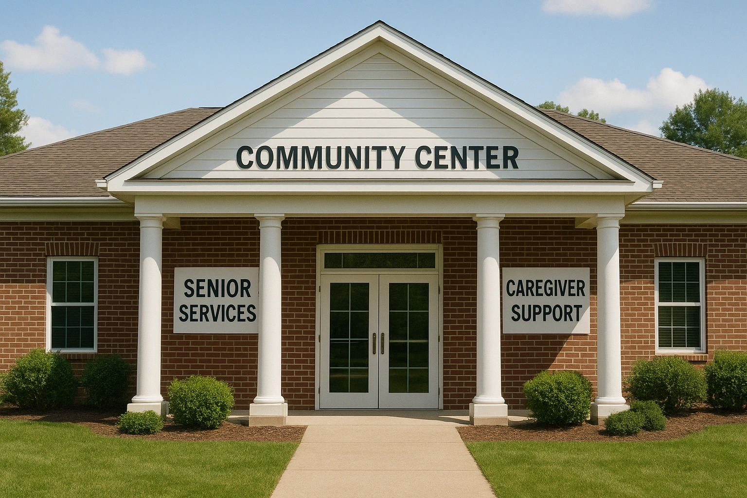 A welcoming community center with signs for senior services, a hub for caregiver support resources.