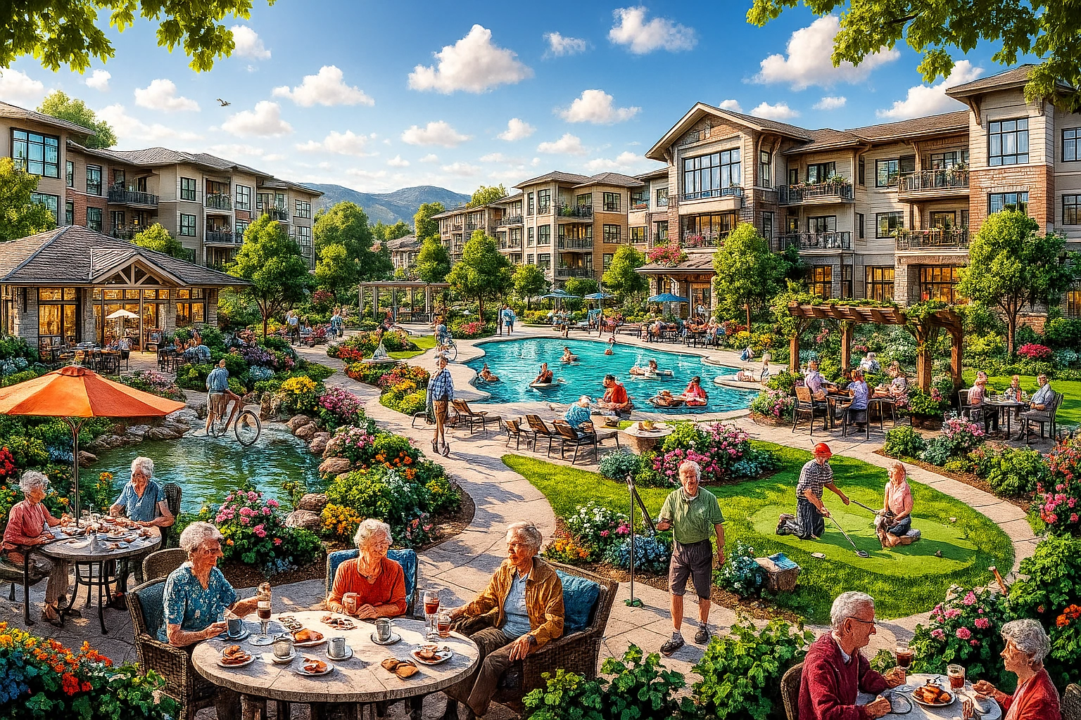 A welcoming retirement community with seniors enjoying social activities in a safe and vibrant environment, illustrating various retirement living options.