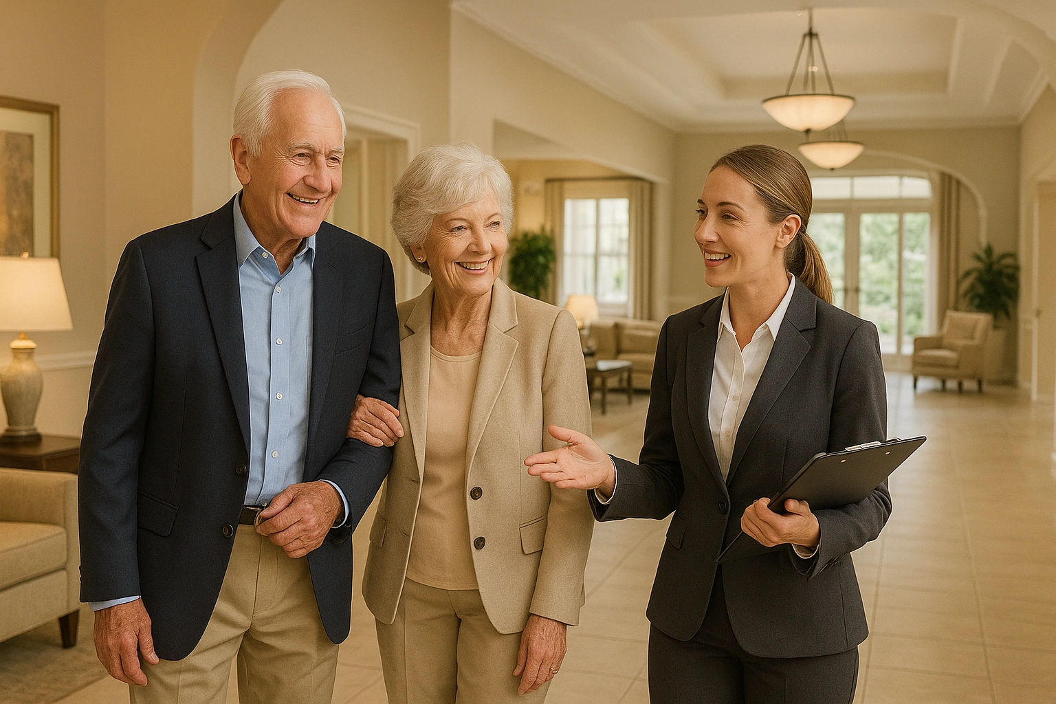 A well-dressed senior couple on a guided tour of a luxury retirement living community.