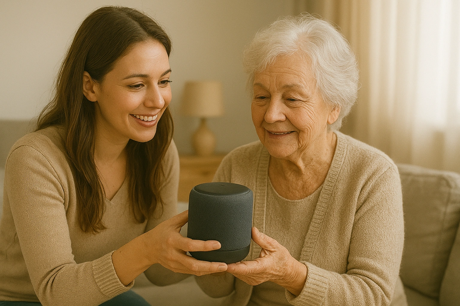 A younger person helping a senior set up a smart speaker, illustrating a best practice for budget senior tech tools.