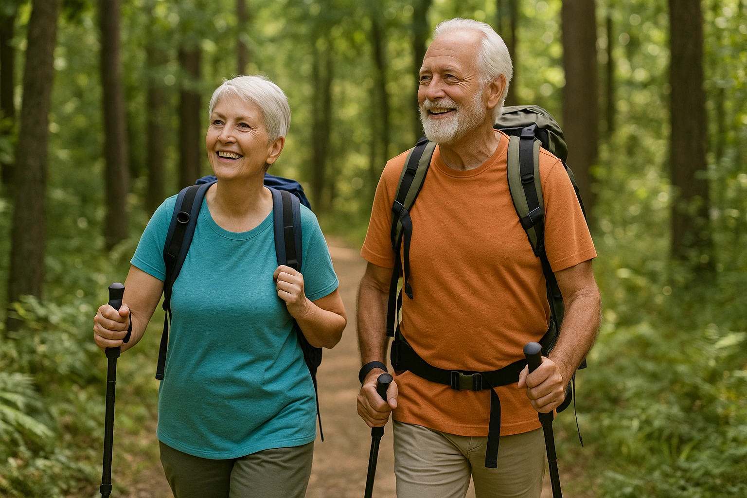 An active senior couple hiking in the woods, a perfect illustration of elderly disease prevention through lifestyle.