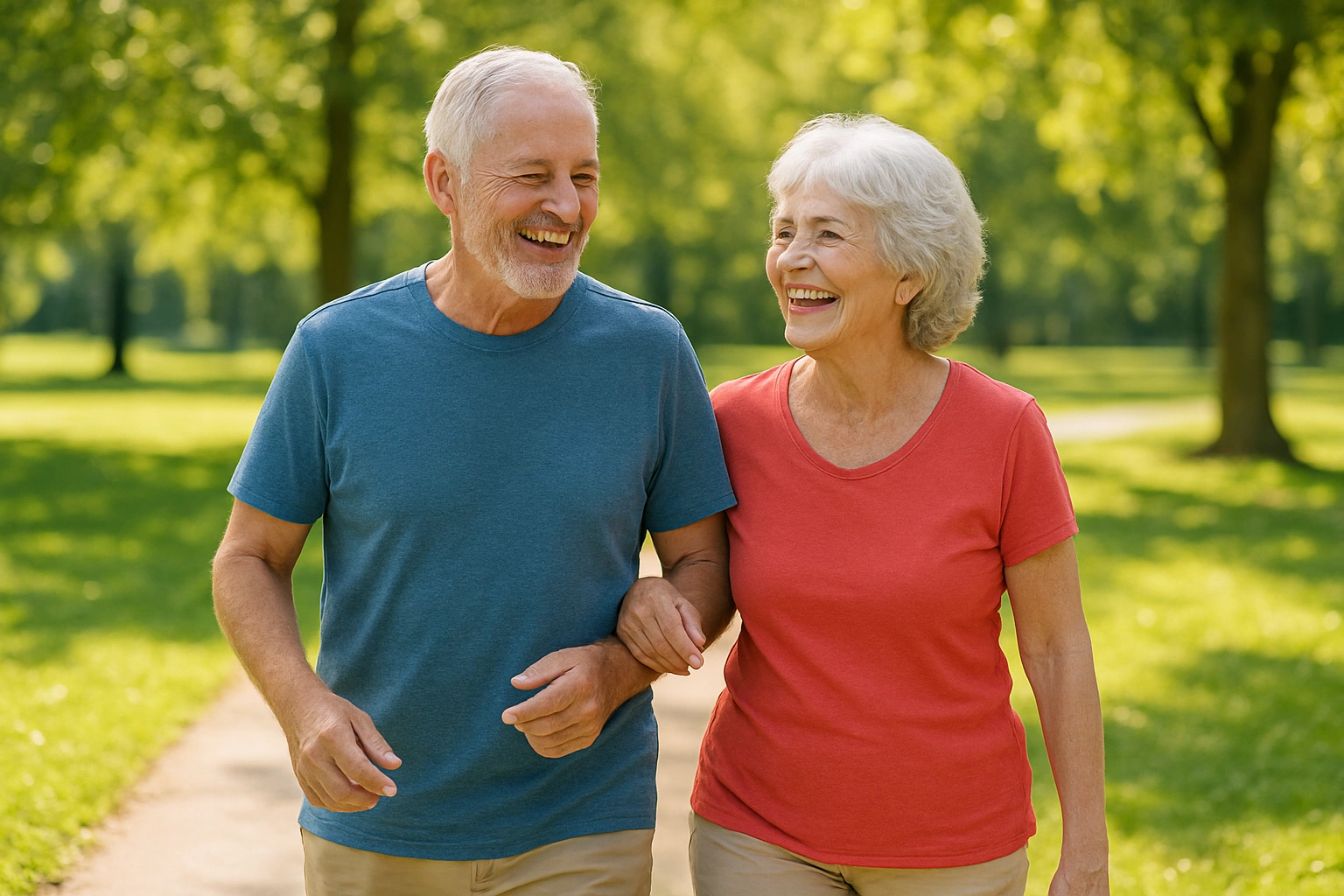 An active senior couple walking together in a sunny park, smiling and enjoying healthy outdoor activity, representing independence, vitality, and practical senior health tips for aging well.