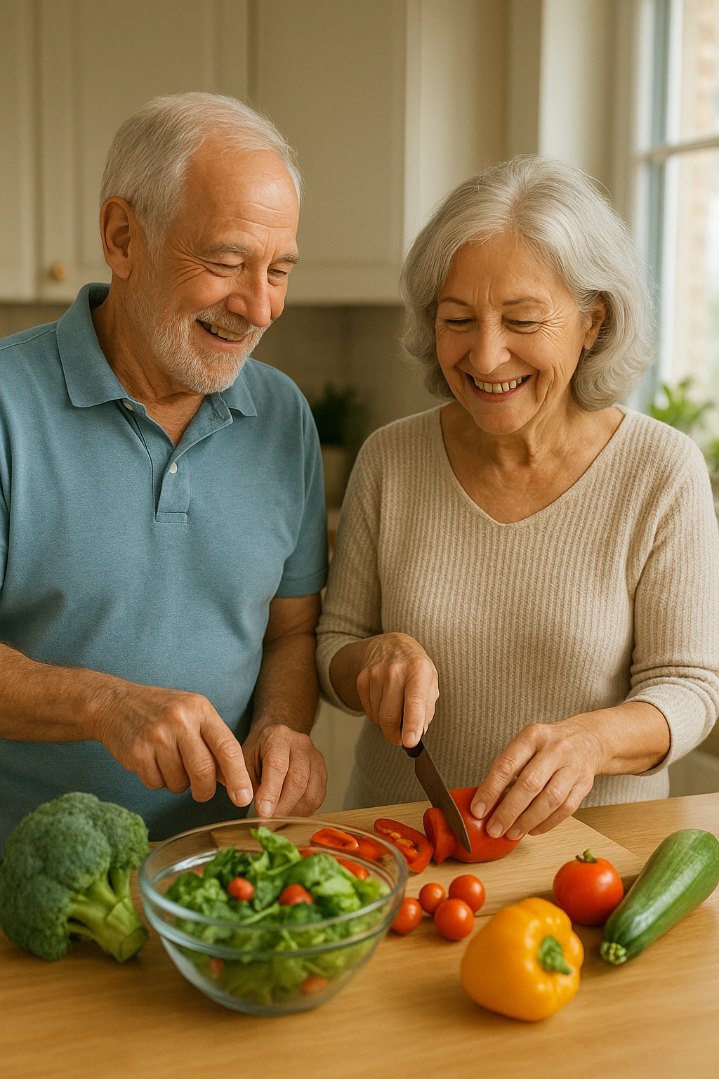 An elderly couple happily preparing a healthy meal together in their kitchen, a key nutrition tips seniors.