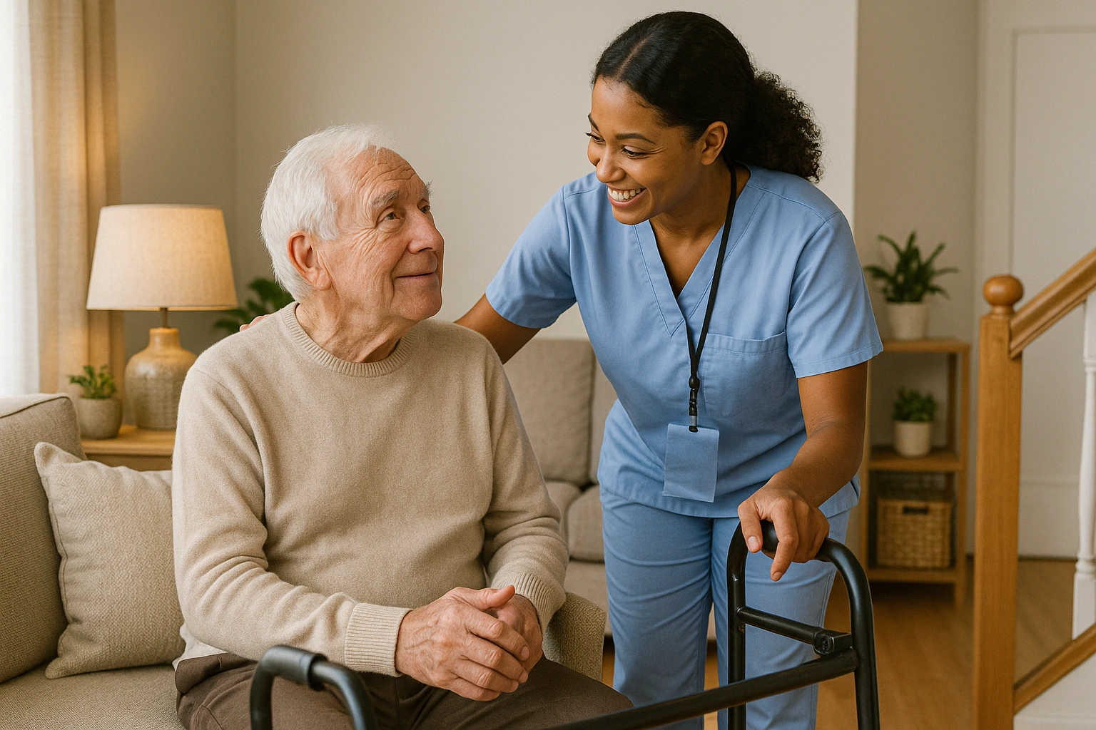 An elderly person receiving affordable elderly home care at home, highlighting comfort, safety, and budget-conscious support in a warm and welcoming environment.
