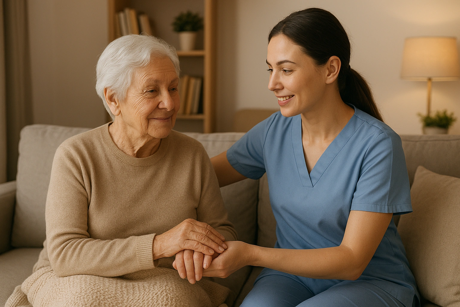 An elderly person receiving compassionate care from a professional elderly home care provider at home, highlighting safety, comfort, and personalized support in a cozy, welcoming environment.