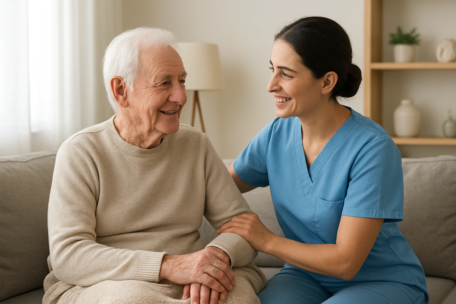 An elderly person receiving personalized care from a professional caregiver at home, illustrating the benefits of elderly home care services, comfort, and independence in a cozy living space.