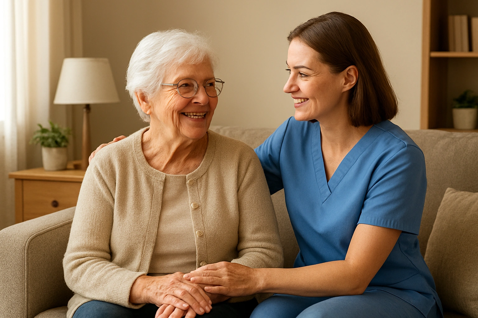 An elderly person sitting comfortably in a cozy living room with a friendly caregiver, enjoying a moment of companionship and support, representing safe and compassionate elderly home care.