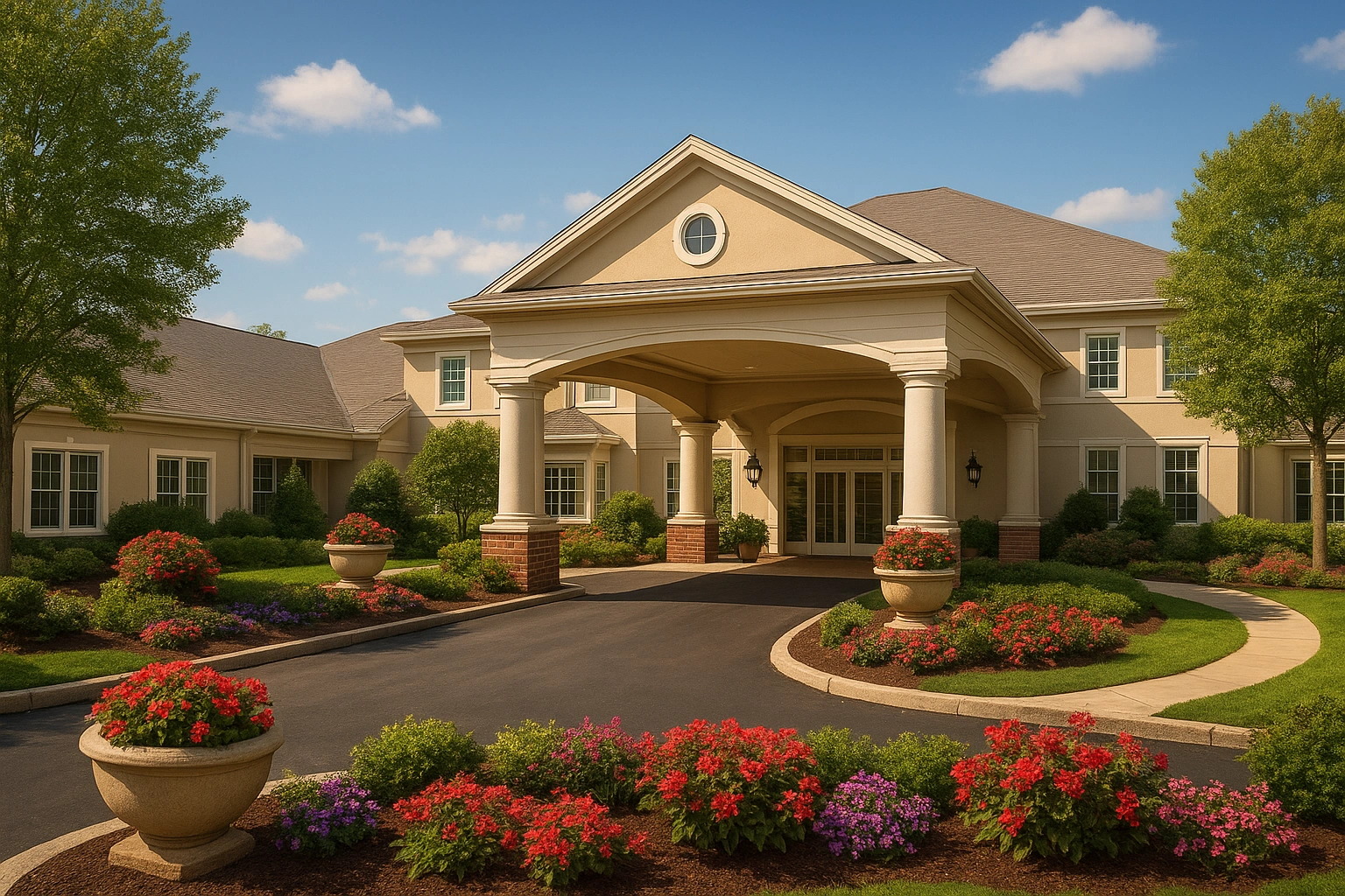 An elegant and luxurious retirement community entrance with beautiful landscaping and a welcoming atmosphere.