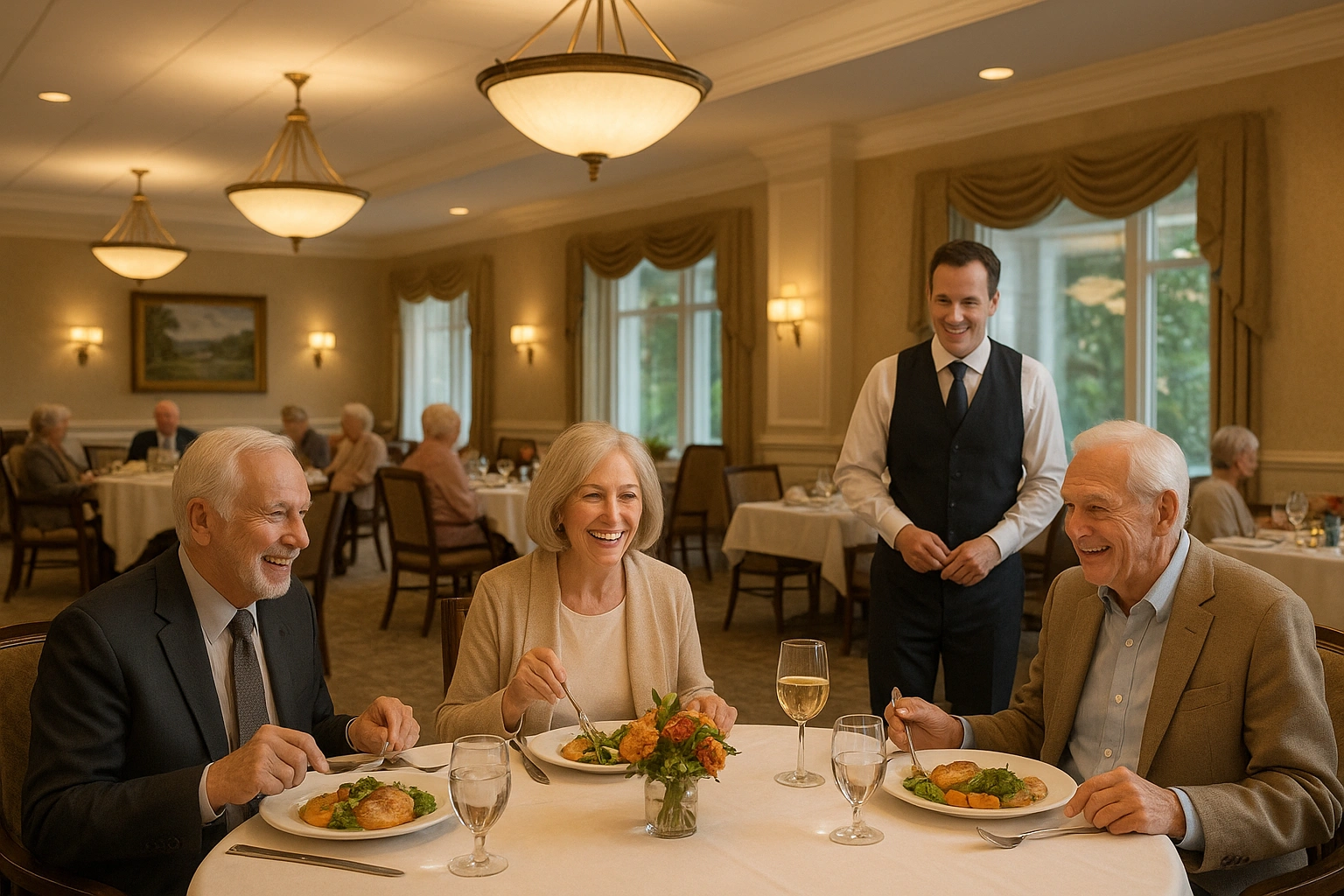 An elegant restaurant-style dining room in a luxury retirement community with seniors enjoying a meal.