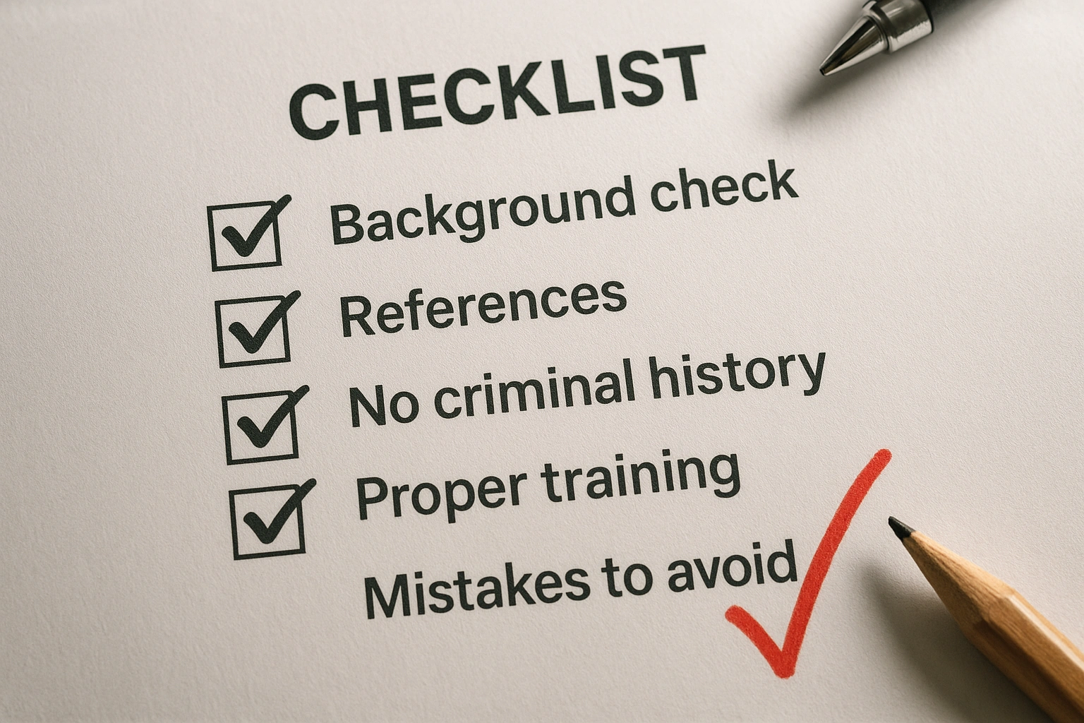 An illustration of a checklist with items like 'background check' and 'references', highlighting mistakes to avoid when choosing elderly home care providers in the US.