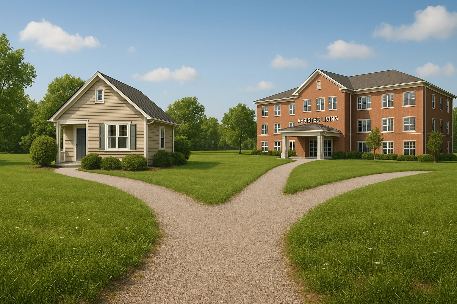An image depicting a fork in the road, with one path leading to a cozy home and the other to an assisted living community elderly home care assisted.