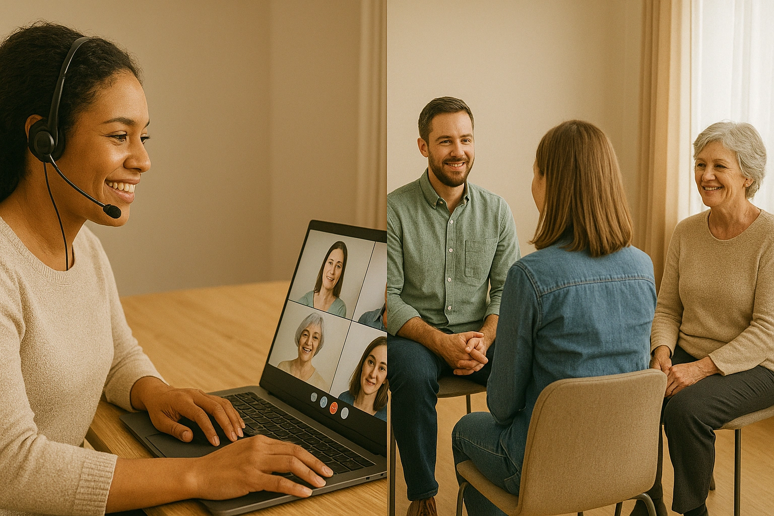 An image split between a caregiver on a laptop in an online support group and a group of caregivers meeting in person. caregiver support groups