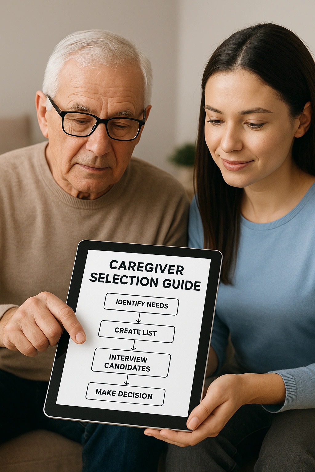 An older adult and their family member reviewing a caregiver selection guide on a tablet.