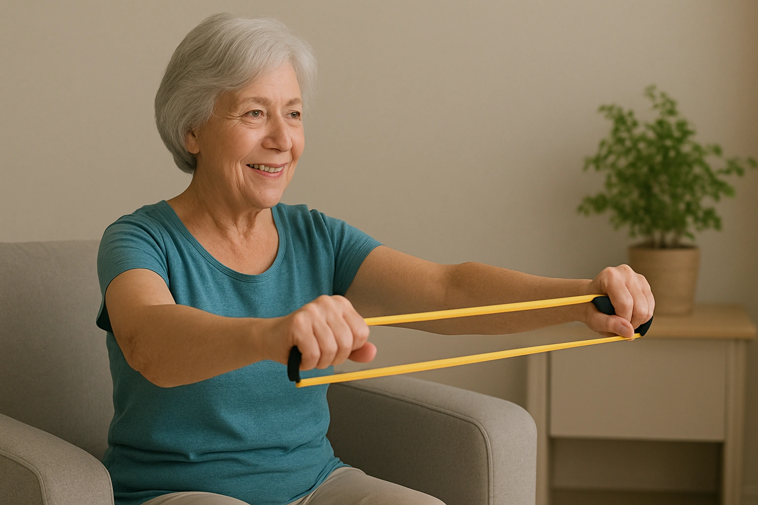 An older woman sitting in a chair and safely using a fitness routines for seniors training, a great senior exercise tip.