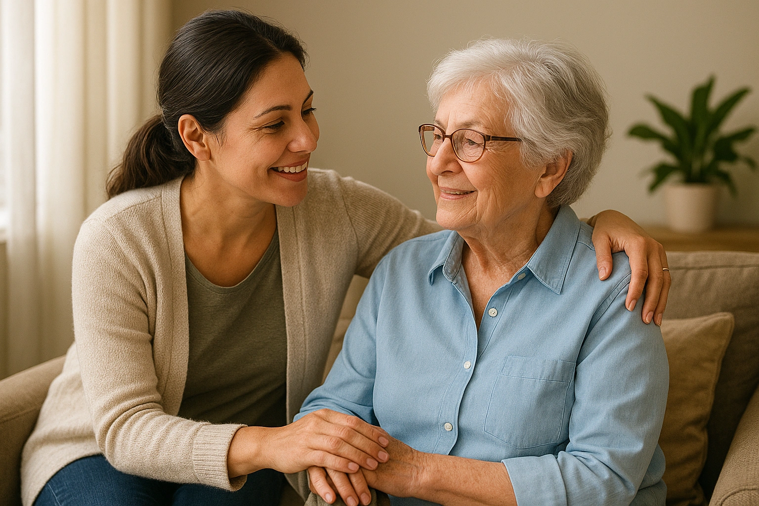 Caregiver assisting an elderly family member at home, showing both love and the importance of taking breaks, highlighting strategies to prevent caregiver burnout.