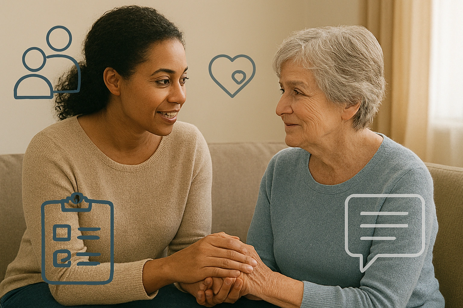 Caregiver offering support to an elderly family member, representing the connection and community found in caregiver support groups, with visual elements of empathy, guidance, and shared experiences.