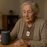 Elderly woman at home using affordable aging technology devices, including a smart speaker, wearable emergency pendant, and smart lighting, showcasing safe and budget-friendly senior care.