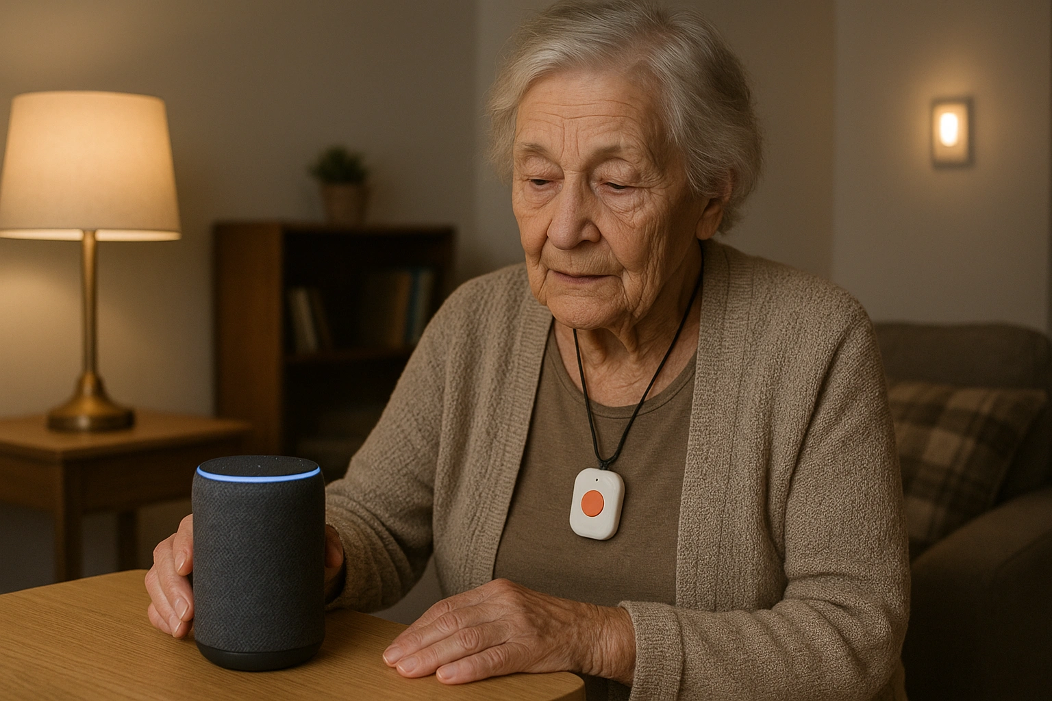 Elderly woman at home using affordable aging technology devices, including a smart speaker, wearable emergency pendant, and smart lighting, showcasing safe and budget-friendly senior care.