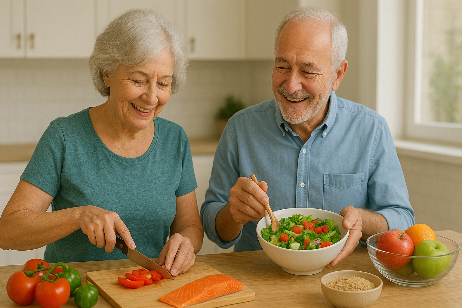Healthy senior couple preparing a colorful meal with vegetables, salmon, fruits, and whole grains in a bright kitchen, symbolizing nutrition tips seniors for energy and independence.