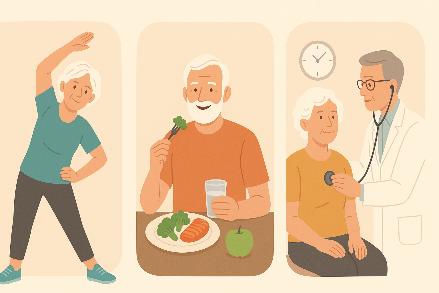 Illustration of active seniors exercising, eating healthy, and getting regular check-ups to represent senior health prevention and healthy aging.