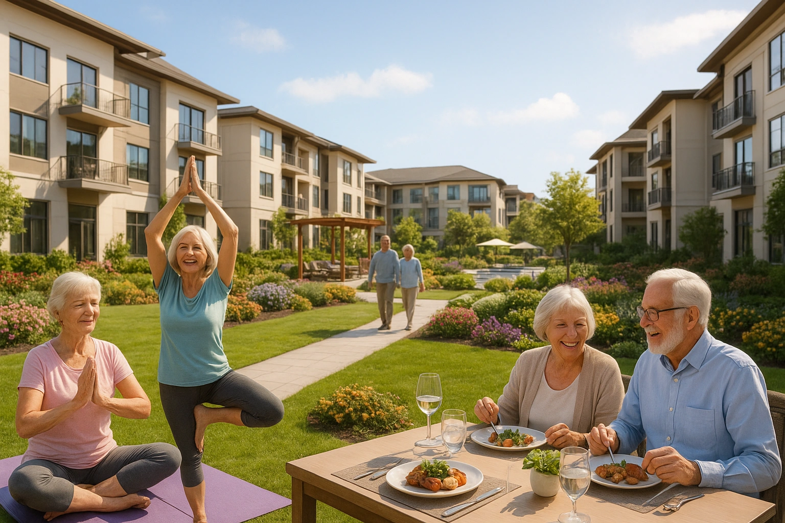 Luxury retirement living community with active seniors enjoying yoga, socializing, and gourmet dining, surrounded by modern buildings, gardens, and outdoor amenities in a bright, inviting setting.