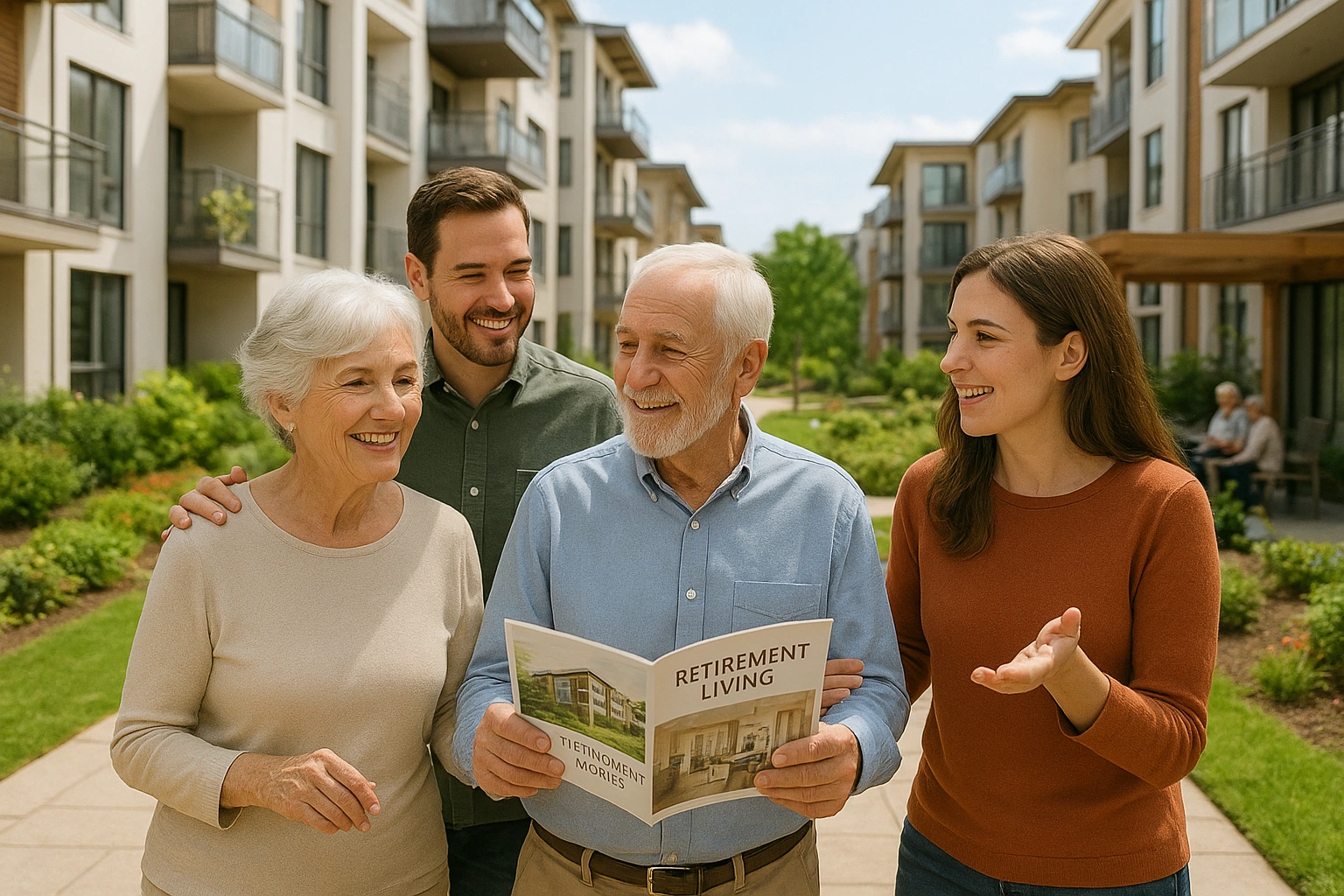 Senior couple exploring a modern retirement community with adult children, highlighting family support, comfortable living spaces, and social activities, illustrating senior family housing tips.