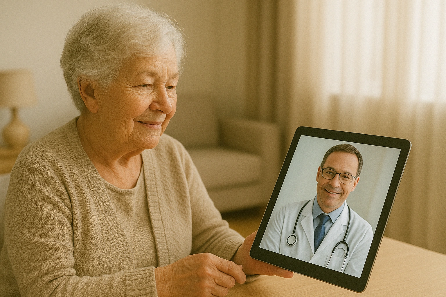 Senior woman at home using a tablet for telehealth senior care, illustrating remote medical consultation, health monitoring, and connected care for elderly individuals.